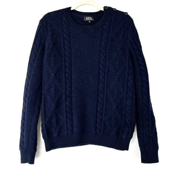 APC Navy Blue 100% Wool Cable Knit Crewneck Sweater Men’s Small Button Shoulder - Picture 5 of 10